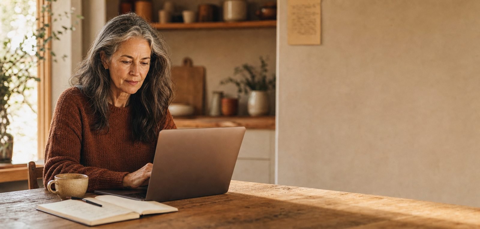 A woman in her early sixties working at a laptop at a wooden kitchen table in warm afternoon light